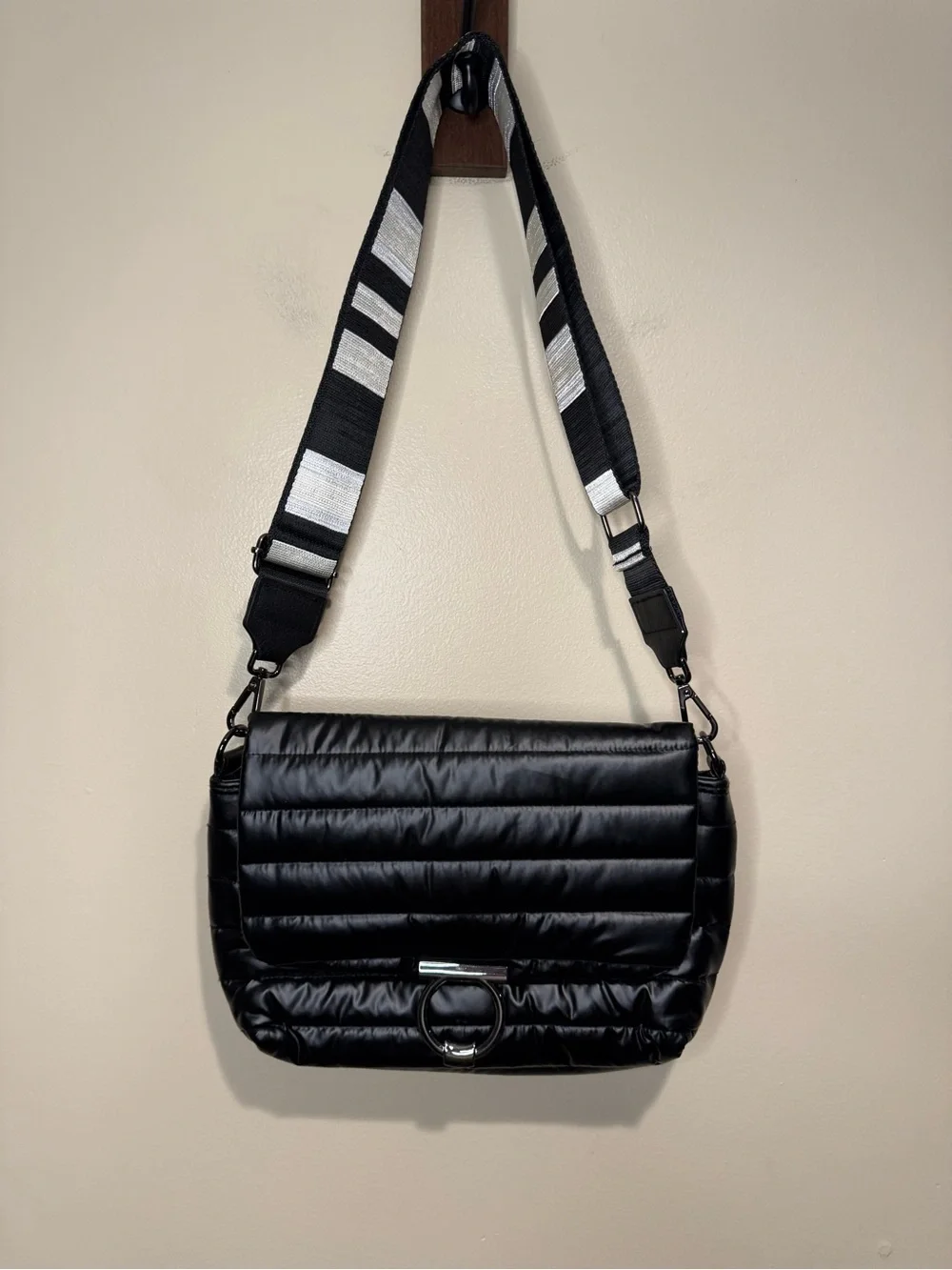THINK ROYLN Black Quilted Crossbody with Striped Strap